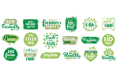 Vegan organic labels. Vegetarian food eco badges, vegan healthy diet l