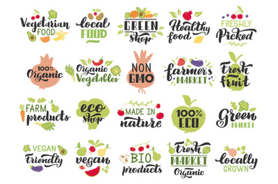 Organic fruits and veggies labels. Vegetarian fruits, vegetables lette