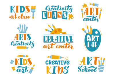 Creative art lettering. Kids art class or studio handwritten labels, c