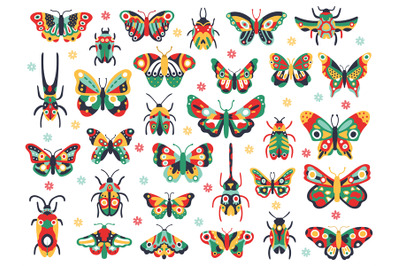 Hand drawn cute insects. Doodle flying butterfly and beetle, colorful