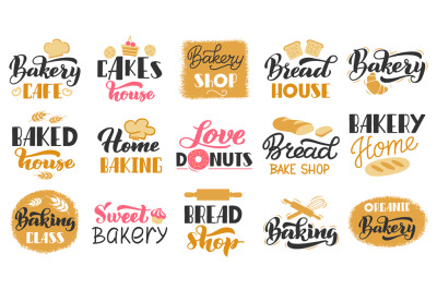 Bakery hand drawn lettering. Pastry bread hand drawn lettering labels,