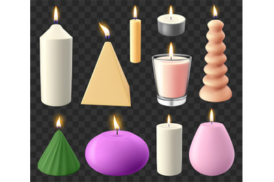 Realistic 3d candles. Holidays candlelight, romantic flaming wax candl