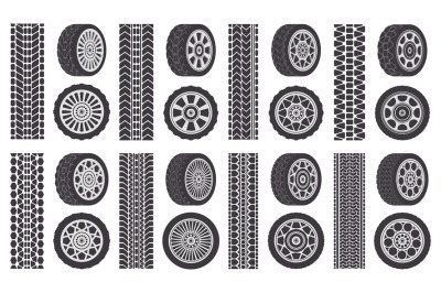 Car wheel tires. Track traces, automobile wheel rims, auto vehicle tre