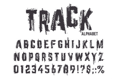 Tire tracks alphabet. Grunge texture treads letters and numbers&2C; typog