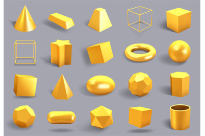 Realistic 3D gold shapes. Golden metal geometric shape, shiny yellow g