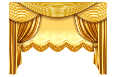 Golden stage curtain. Realistic silk curtains, luxury opera scene back