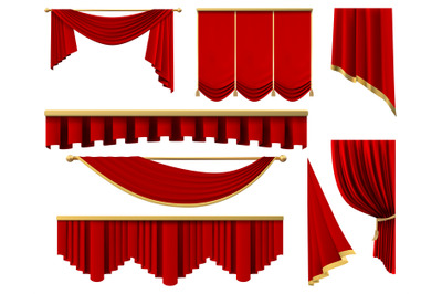 Vintage red realistic curtains. Stage luxury scarlet fabric curtain, s