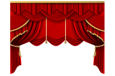 Retro red stage curtain. Realistic luxury silk curtains, theater scene