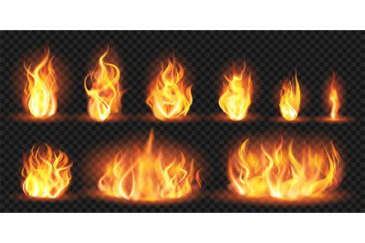 Realistic flames. Burning red wildfire flames, blazing fiery spurts of