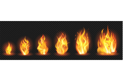 Realistic flame concept. Flaring fire blaze, various size burning spur