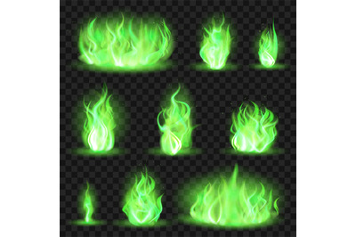 Realistic coloured fire. Green fiery blaze, magic game flaming flame,