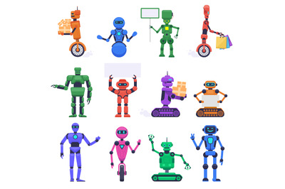 Robot characters. Robotic mechanical humanoid characters, chatbot assi