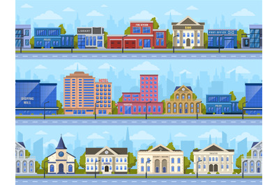 City street panorama. City road streets cityscape, town buildings, ban