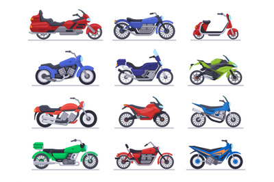 Motorbike models. Motorcycle, scooter and speed race bike, modern moto