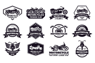 Motorbike badges. Retro motorcycle bike club emblems, racing and motor