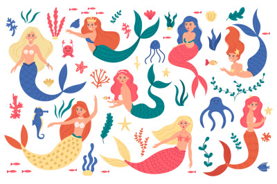 Cute mermaids. Princess mermaid characters&2C; hand drawn magic fairy und