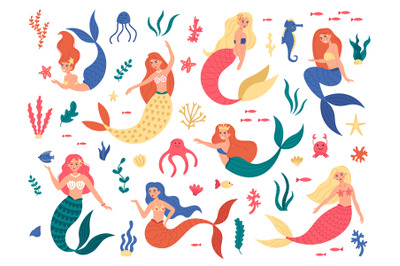 Marine mermaids. Cute mermaid princess&2C; fairy mermaid girls with ocean