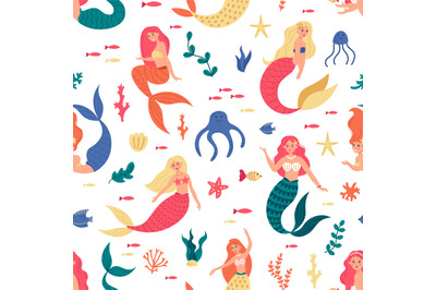 Mermaids marine pattern. Seamless cute mermaids, underwater fairy tale