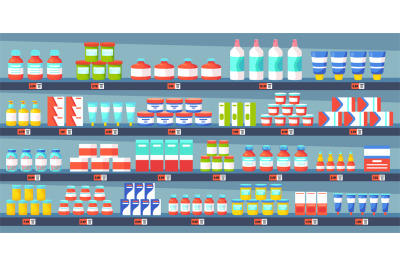 Medicine pharmacy shelves. Pharmacy shop interior, medicine pills bott