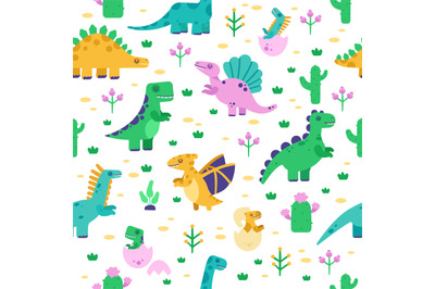 Dinosaur pattern. Cute dino doodle pattern, dinosaurs hand drawn tyran