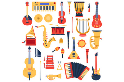 Music instruments. Musical classical instruments, guitars, saxophone,