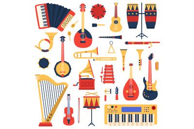 Musical instruments. Cartoon doodle music guitar, drums, piano synthes