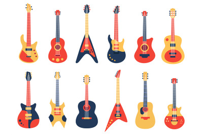 Musical guitar. Acoustic, electric rock and jazz guitars, retro string