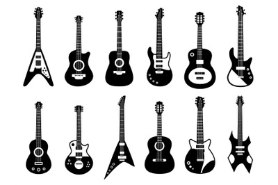 Guitars silhouette. Black electric and acoustic music instrument, rock