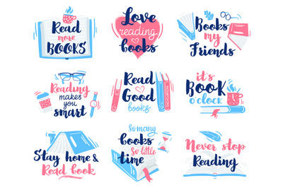 Books lettering quotes. Reading hand drawn lettering, motivation libra