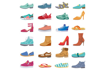 Footwear collection. Male and female shoes, sneakers, flat and boots,