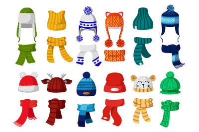 Winter hats. Kids knitting autumn headwear, hats and scarf, cold weath