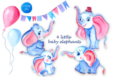 Watercolor clipart of 4 cute elephants.