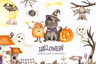 Halloween Watercolor. Clipart, cards, seamless patterns, frames