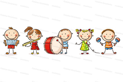 Happy children playing different musical instruments