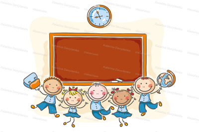 Happy schoolkids with a blackboard
