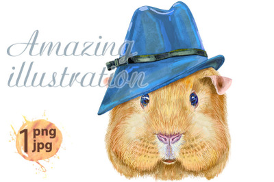 Watercolor portrait of Self guinea pig in blue hat