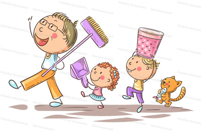 Happy father and kids doing housework