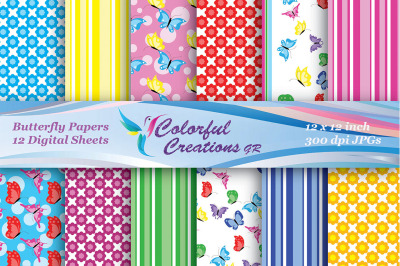 Butterfly Set Digital Paper, Butterfly Paper, Flower Pattern, Stripes,