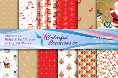 Christmas Digital Papers, Christmas Beige Red Scrapbook Papers, Santa
