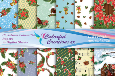Christmas Digital Papers, Christmas Poinsettia Scrapbook Papers, Poins