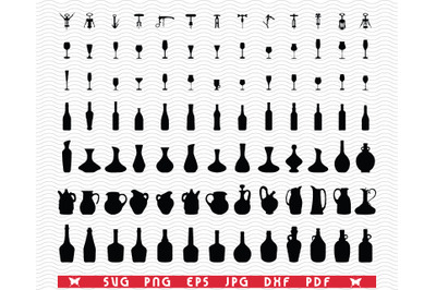 SVG Glasses, Corkscrew, Bottles, Black silhouette, Digital clipart