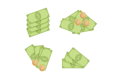 Cash money dollar, fan stack and pile with coins