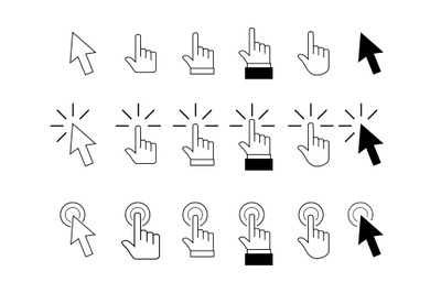 Pointer cursor arrows and hand click. Vector symbol arrow