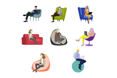 People woman man siitting on chair and armchair