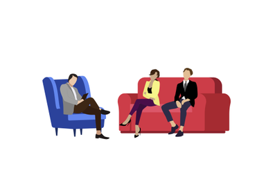 Couple husband and wife consult psychologist. Vector consultation