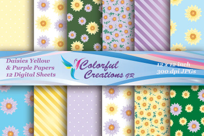 Daisies Yellow Purple Digital Papers, Spring Papers, Floral Paper