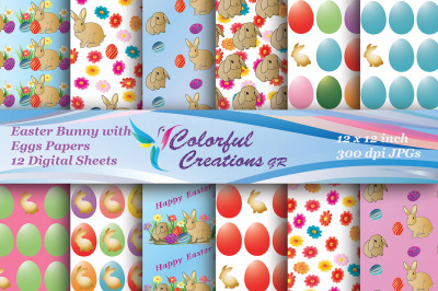 Easter Bunny With Eggs Set Digital Papers, Easter Scrapbook Papers, Ea