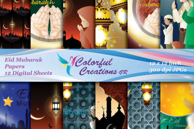 Eid Mubarak Digital Papers, Islamic designs, Muslim scrapbook papers,