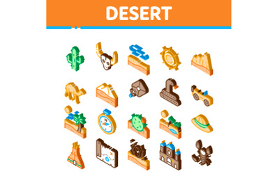 Desert Sandy Landscape Isometric Icons Set Vector