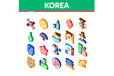 Korea Traditional Isometric Icons Set Vector